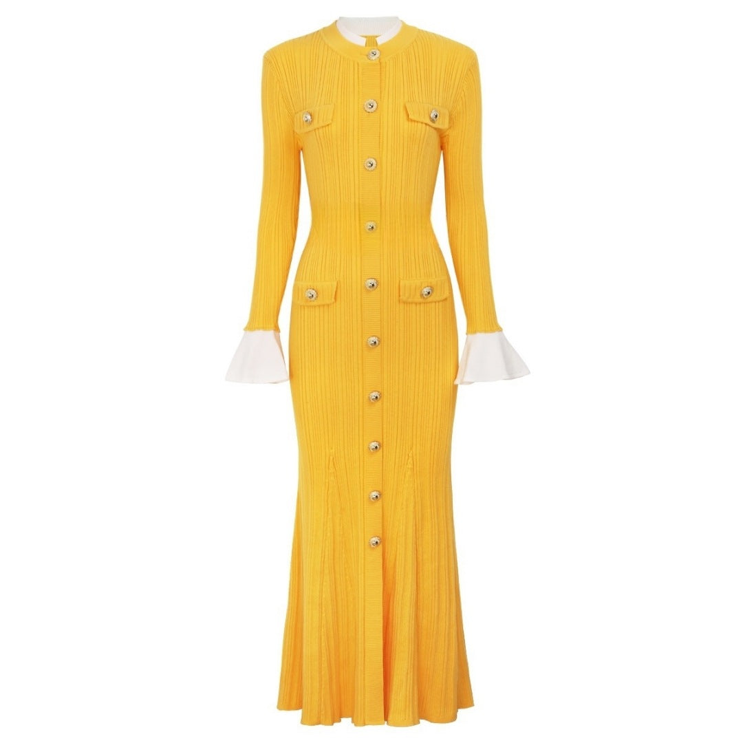 French Style Slim Fit Long Dress Sleeve Waist Dresses