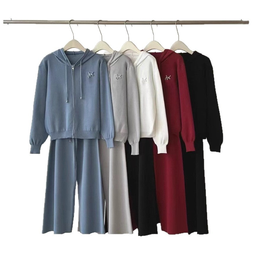Women's Knitted Loose Hooded Zipper Trousers Two-piece Coats