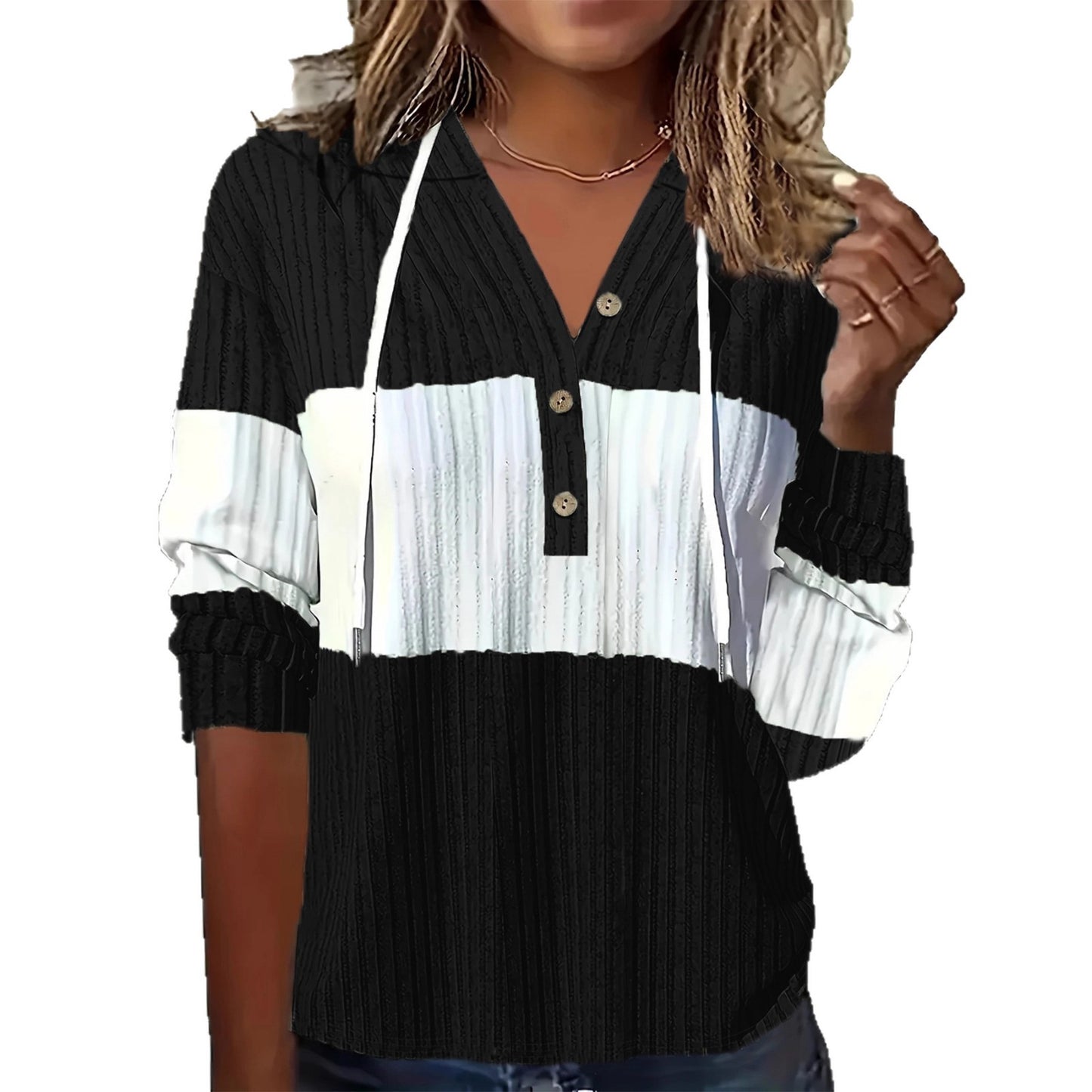 Women's Patchwork Easy Cap Long-sleeved T-shirt Tops