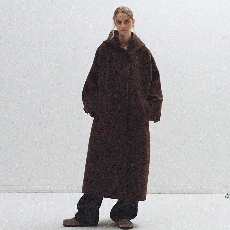 Women's Hooded Wool Overcoat Loose Temperament Breasted Coats