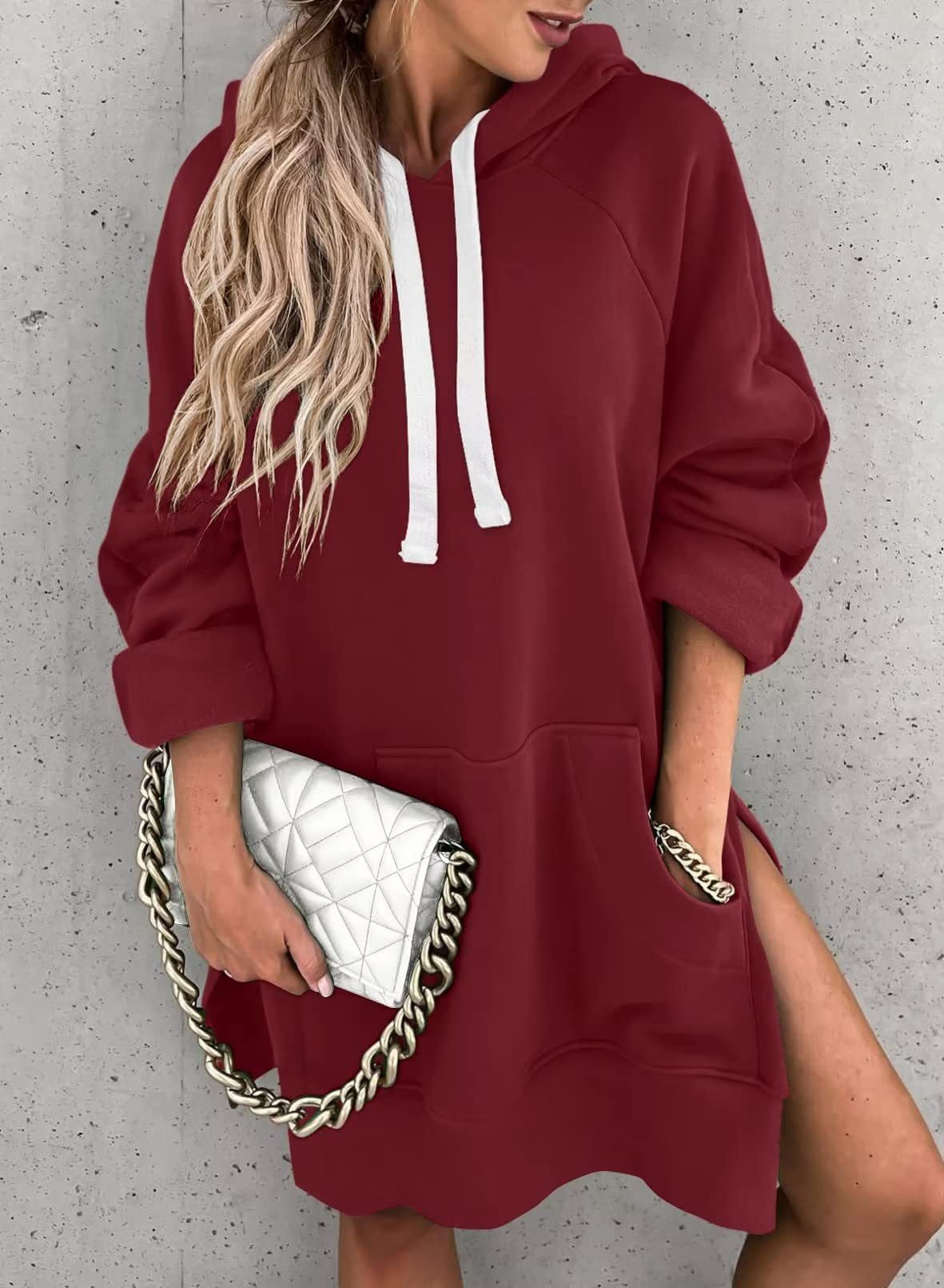 Women's Solid Color Casual Hooded Mouse Bag Rope Brushed Women's Sweater, Sweater