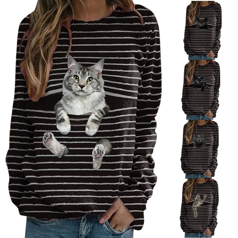Women's Cat Printing Casual Long Sleeve Striped Women's T-shirt