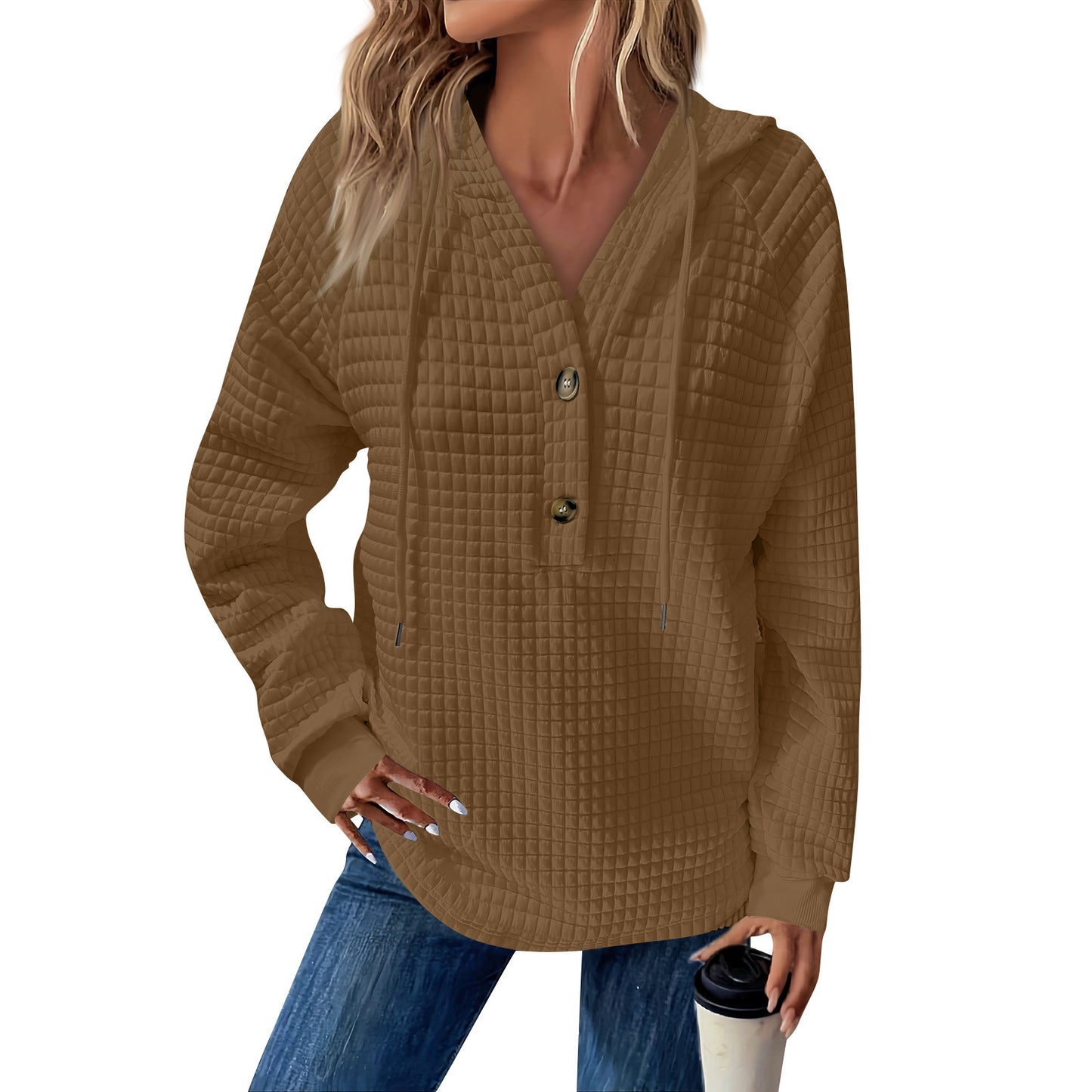 Women's Square Quilted Hooded Button Loose Long Women's Sweater, Sweater