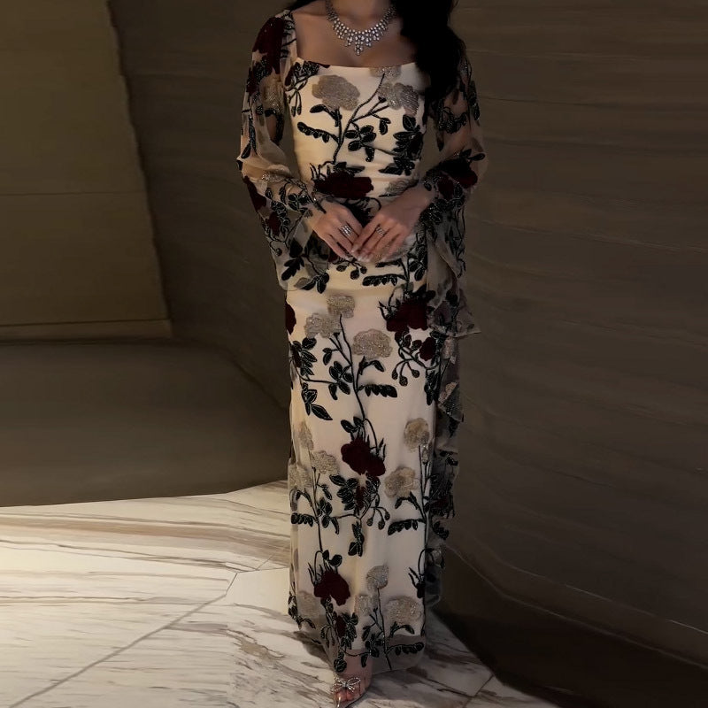 Yarn-dyed Rose Flower Black Bottom Soft Gauze Lace Dresses