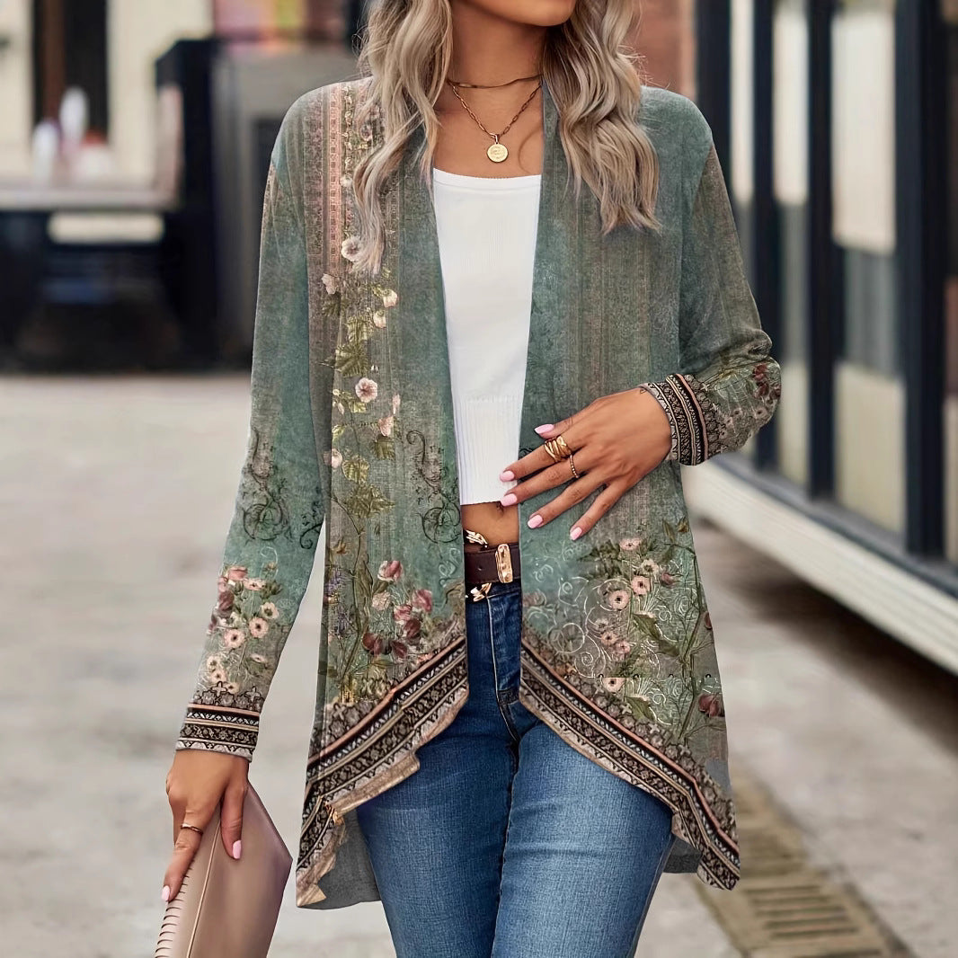 Women's Autumn Long Sleeve Plant Flower Print Cloak Cardigans