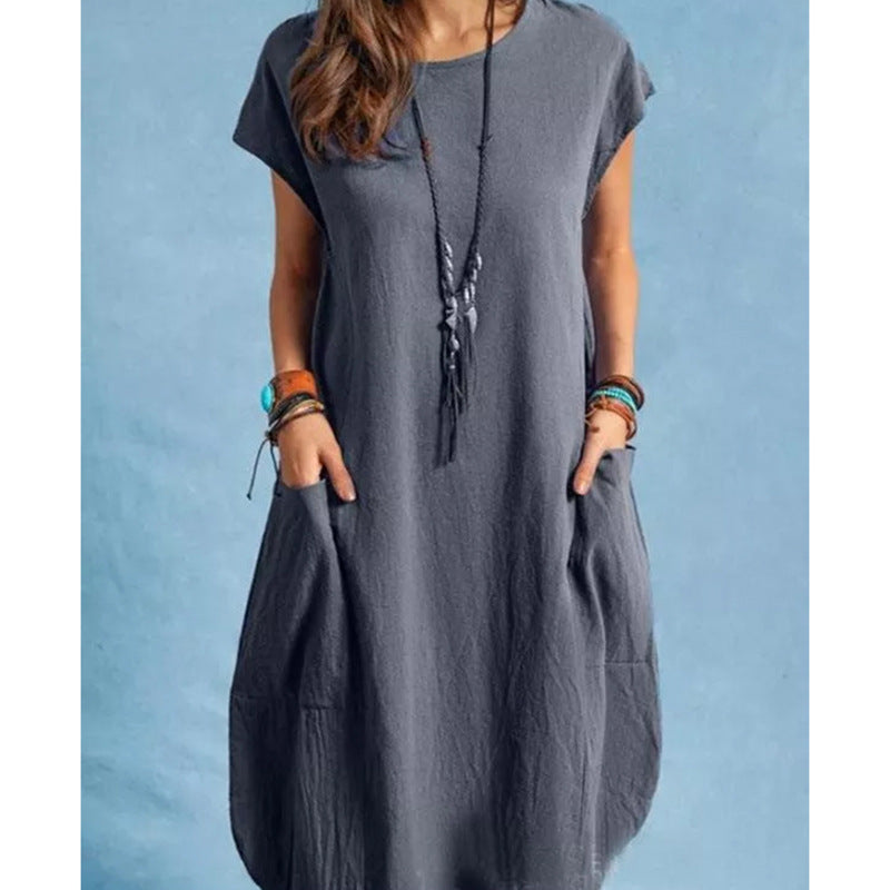 Women's Cotton Linen Loose Casual Solid Color Pocket Dress