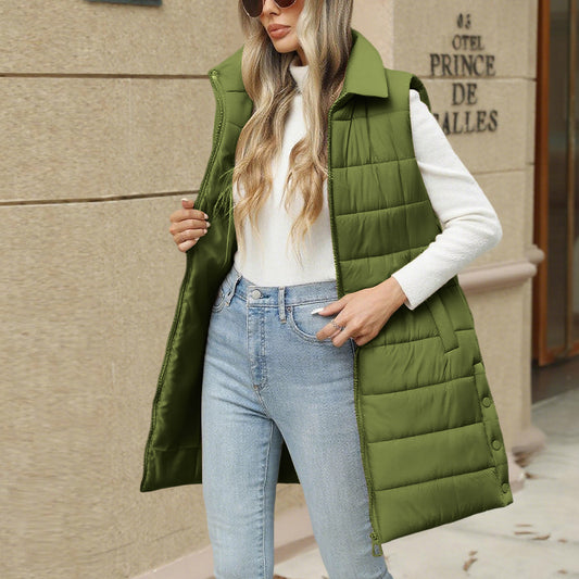 Women's Solid Color Zipper Pocket Cotton Mid-length Coats