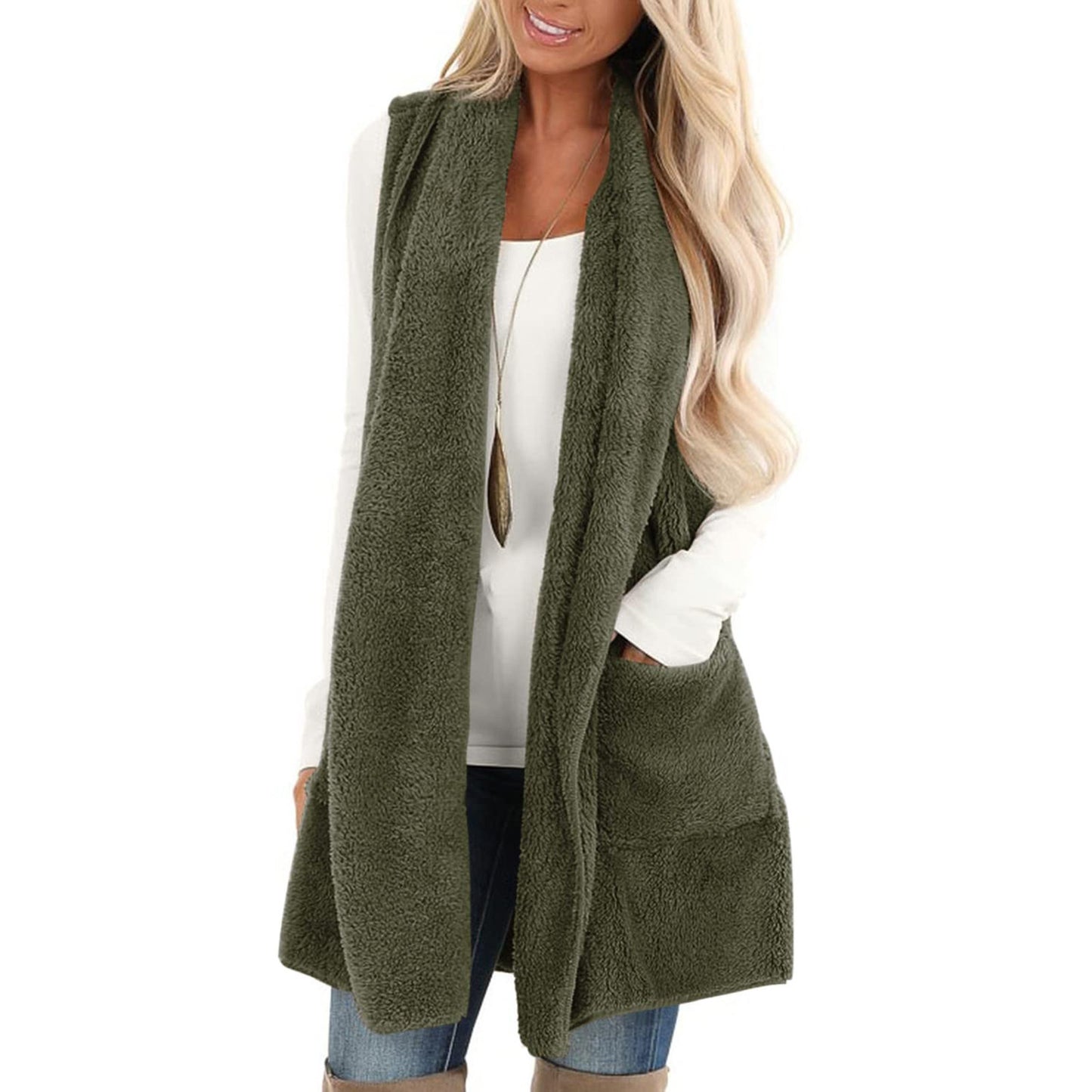 Women's Loose Fashion Solid Color Pocket Sleeveless Plush Large Women's Vest