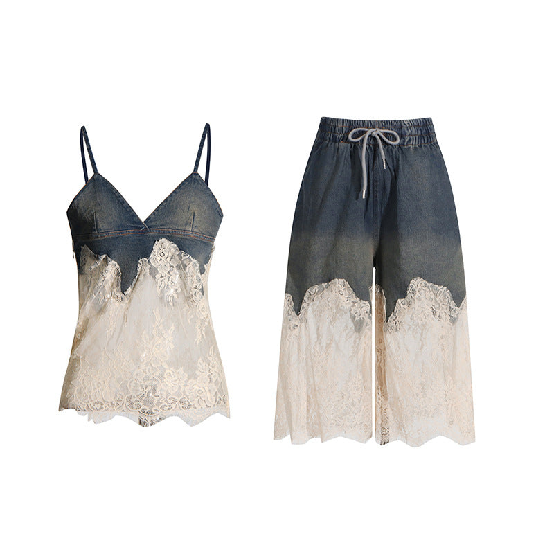 Women's Hot Style Lace Splicing Sling Drawstring Suits