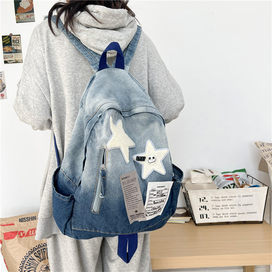 Gradient Denim Early High College Vintage Middle School Students' Schoolbags