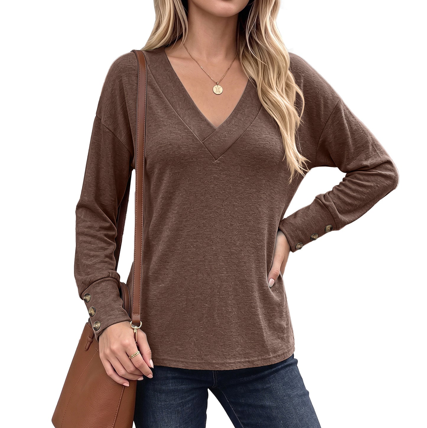 Solid Color Loose Button Long-sleeved Brushed Women's T-shirt