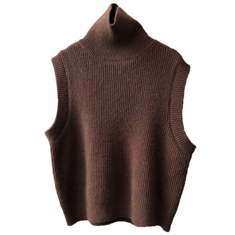 Women's Knitting Waistcoat Turtleneck Solid Color Sleeveless Vests