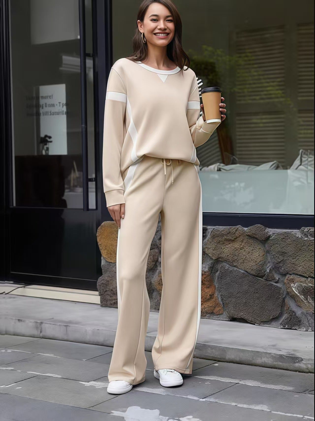 Women's Autumn Striped Color Matching Long Sleeve Fashion Casual Suit
