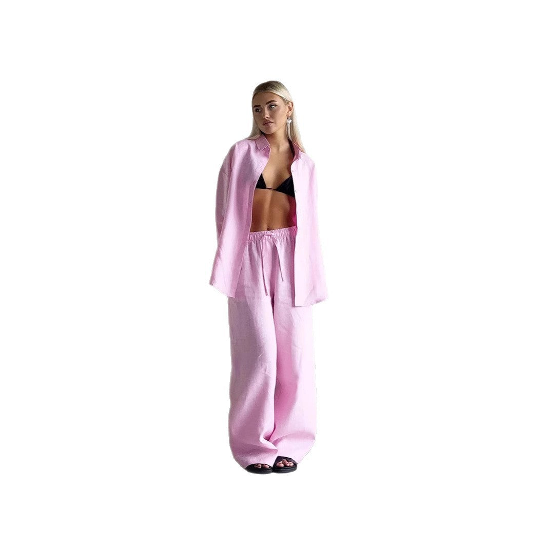 Women's Vacation Style Long-sleeved Shirt Two-piece Pants