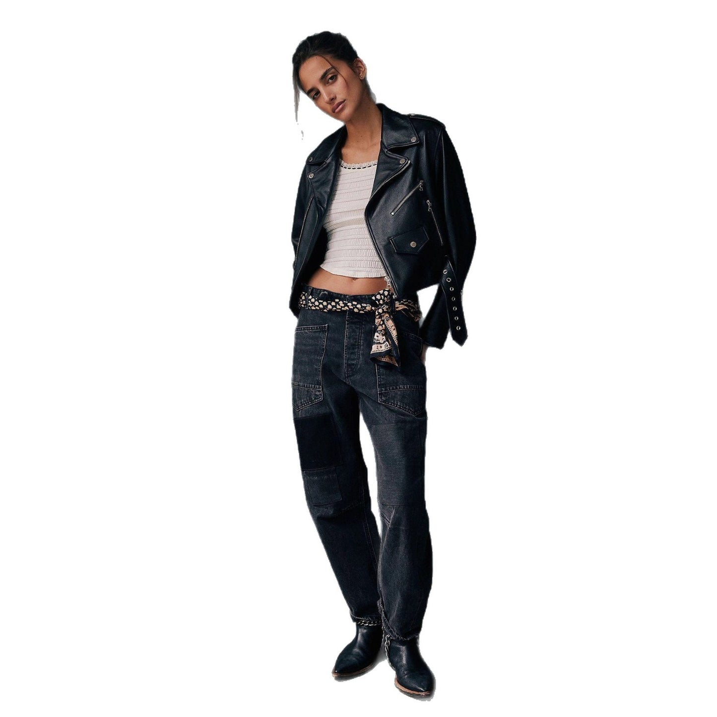 Retro Washed Stitching Patchwork Straight Drawstring Women's Jeans