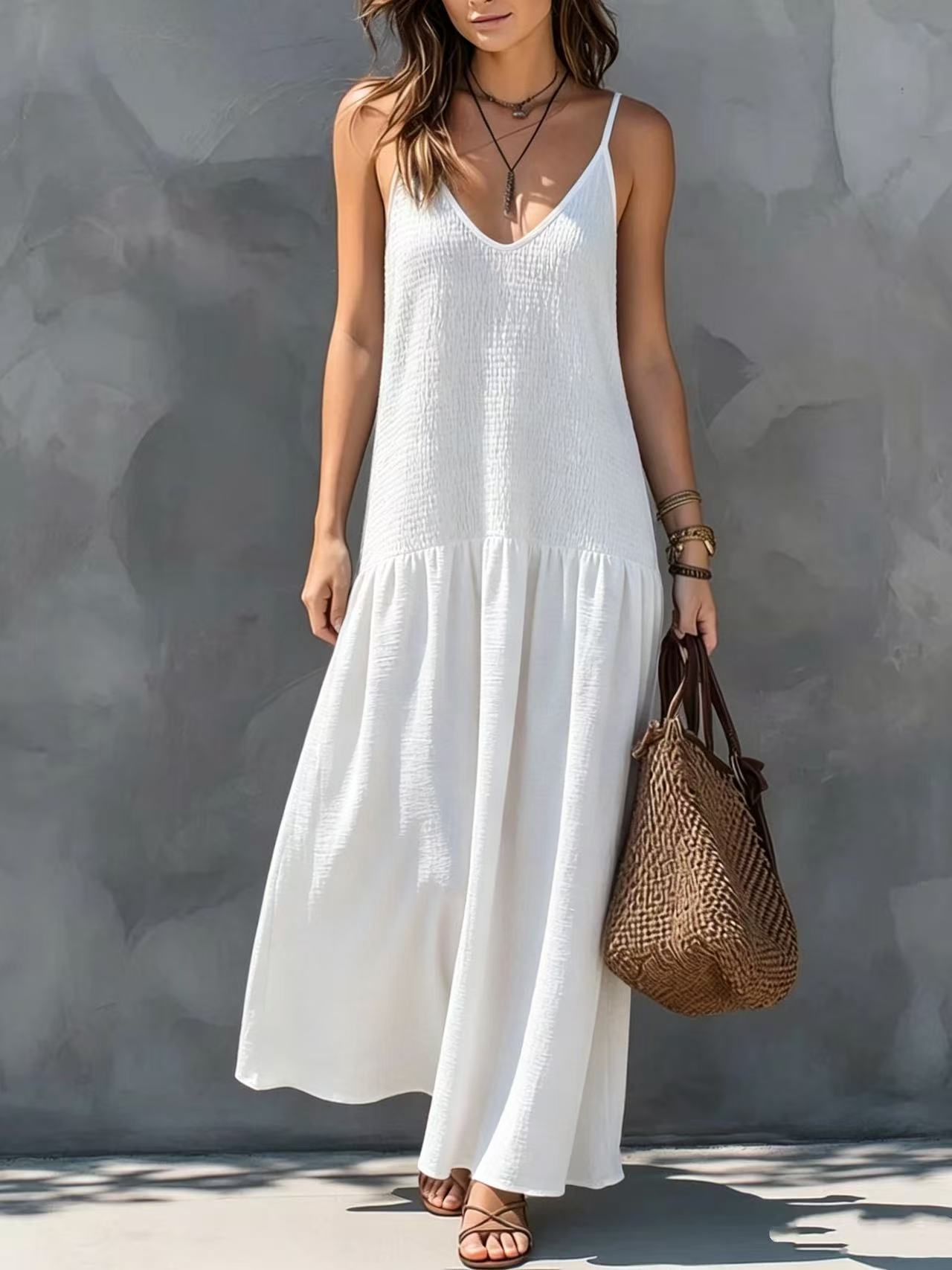 Retro Bohemian Style Backless Smocking Design Strap Long Dress