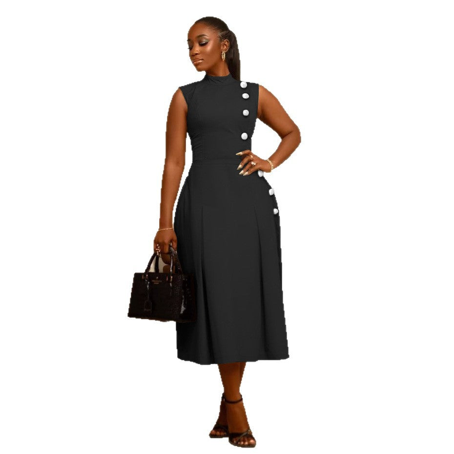 Elegant Graceful Waist Stand Collar Sleeveless Fastener Dresses