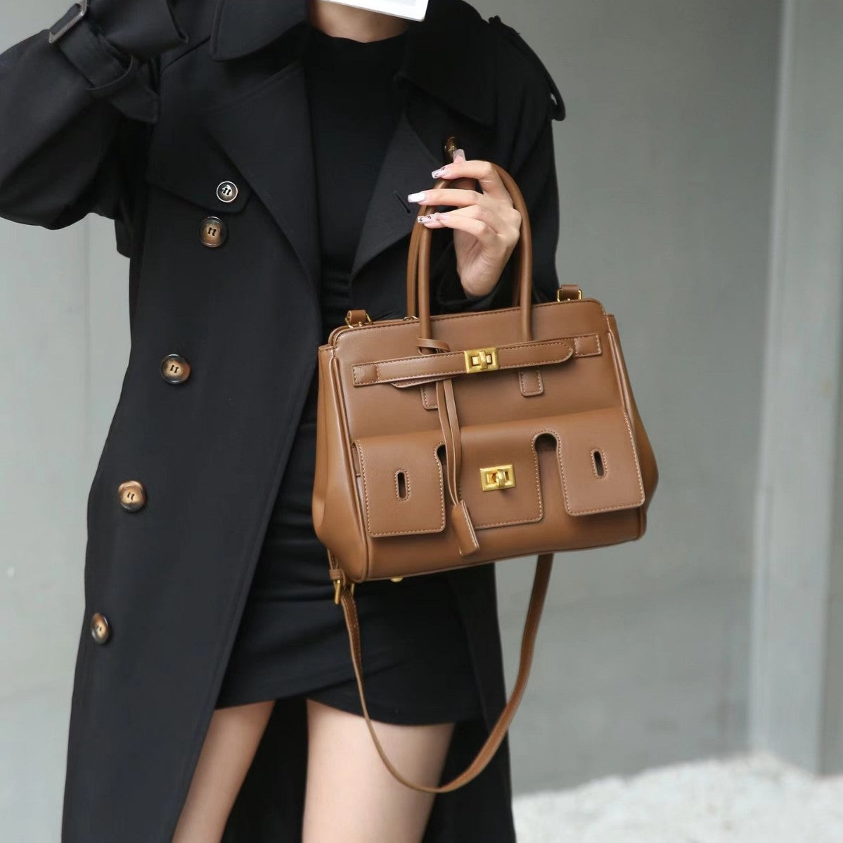 Female Design Black Soft Leather Large Handbags