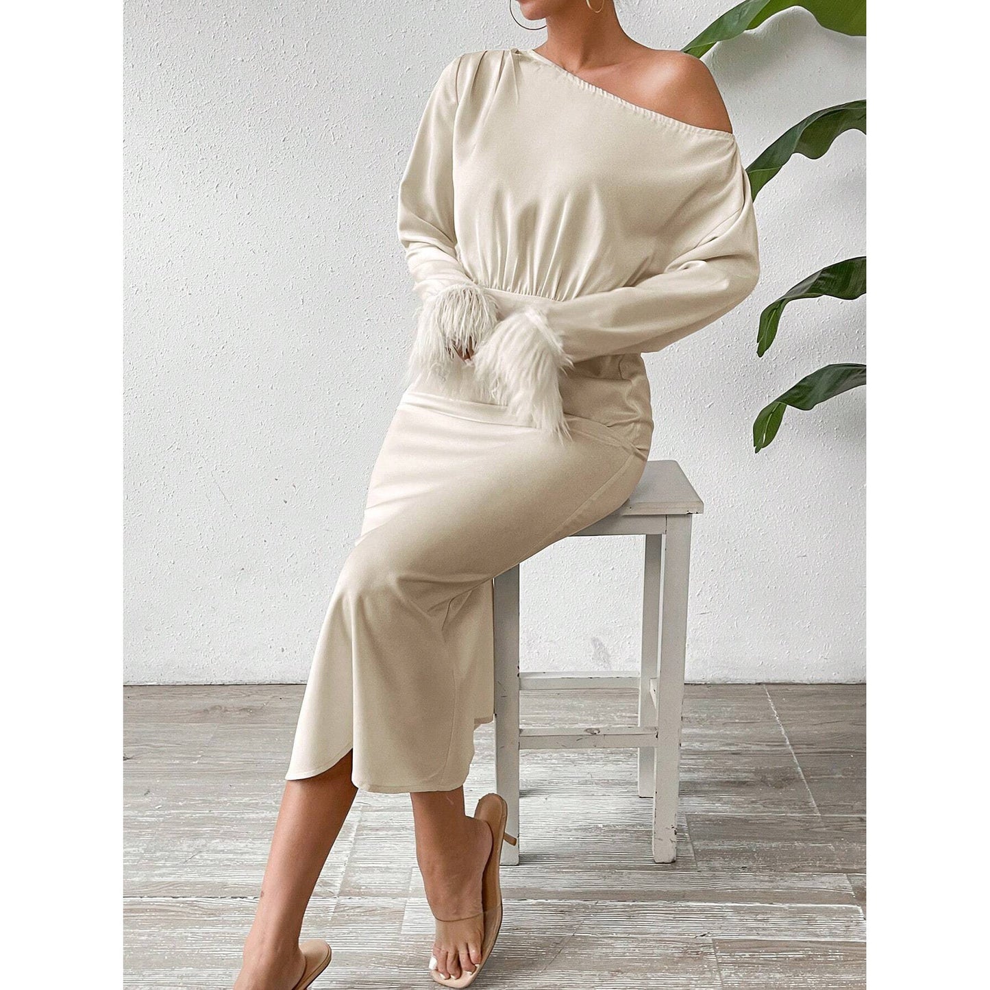Women's New Asymmetric Shoulder Pleated Dress Dresses
