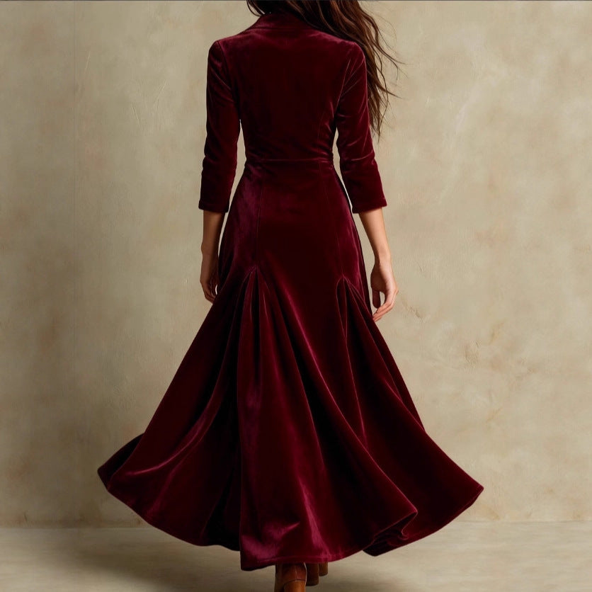 Women's Color Buttons Lapel Sleeve Maxi Dress Dresses