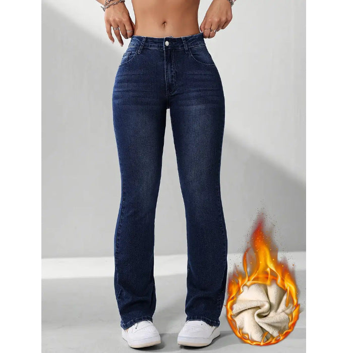 Women's Retro Fleece-lined Blue Denim Stretch Horn Jeans