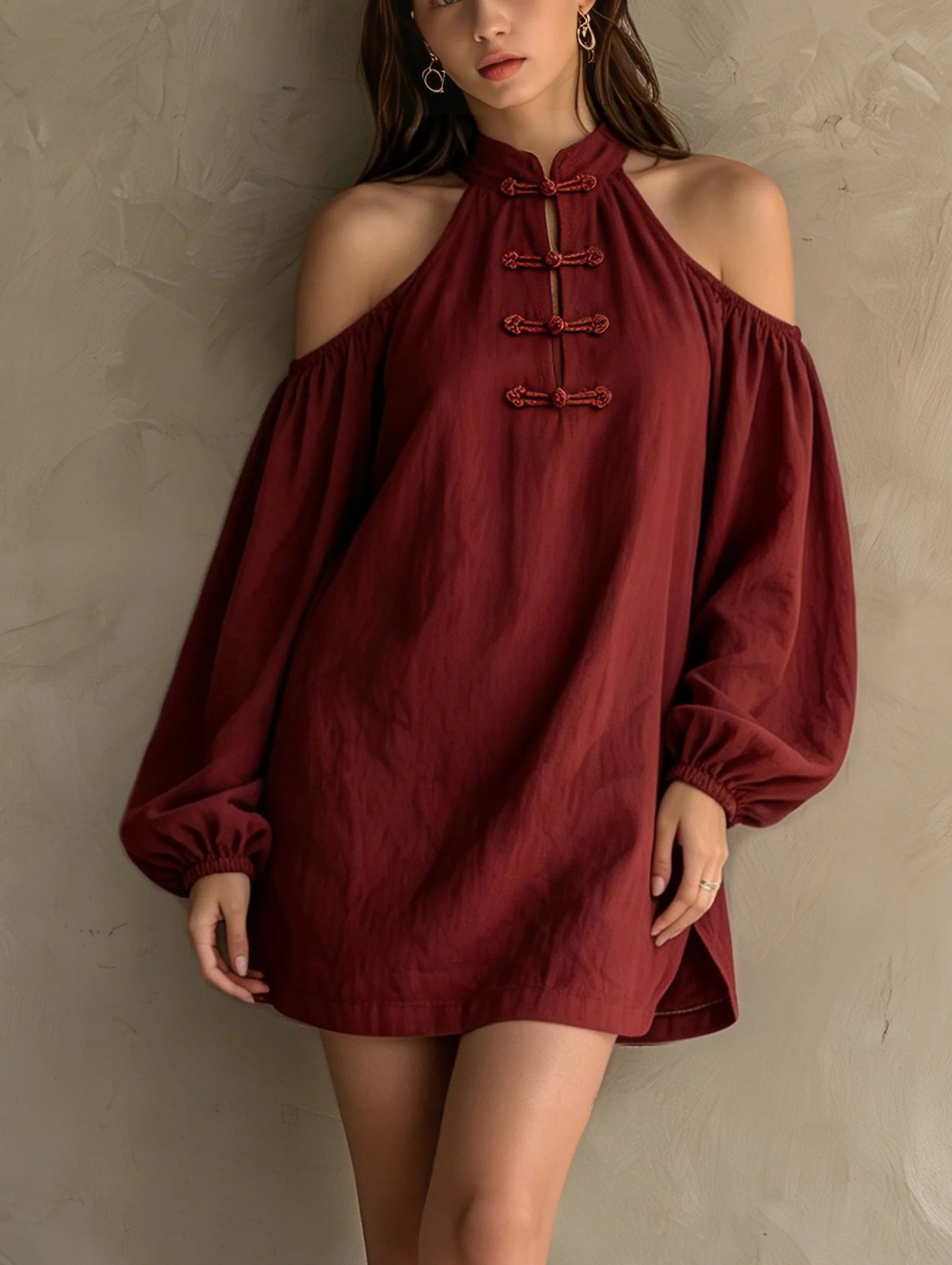 Women's Autumn Show Shoulder Long Sleeve Solid Color Loose Dress