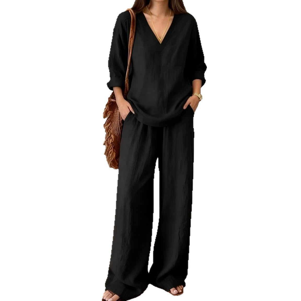 Women's Pullover Long Sleeve Washed Cotton Summer Fashion Casual Suit