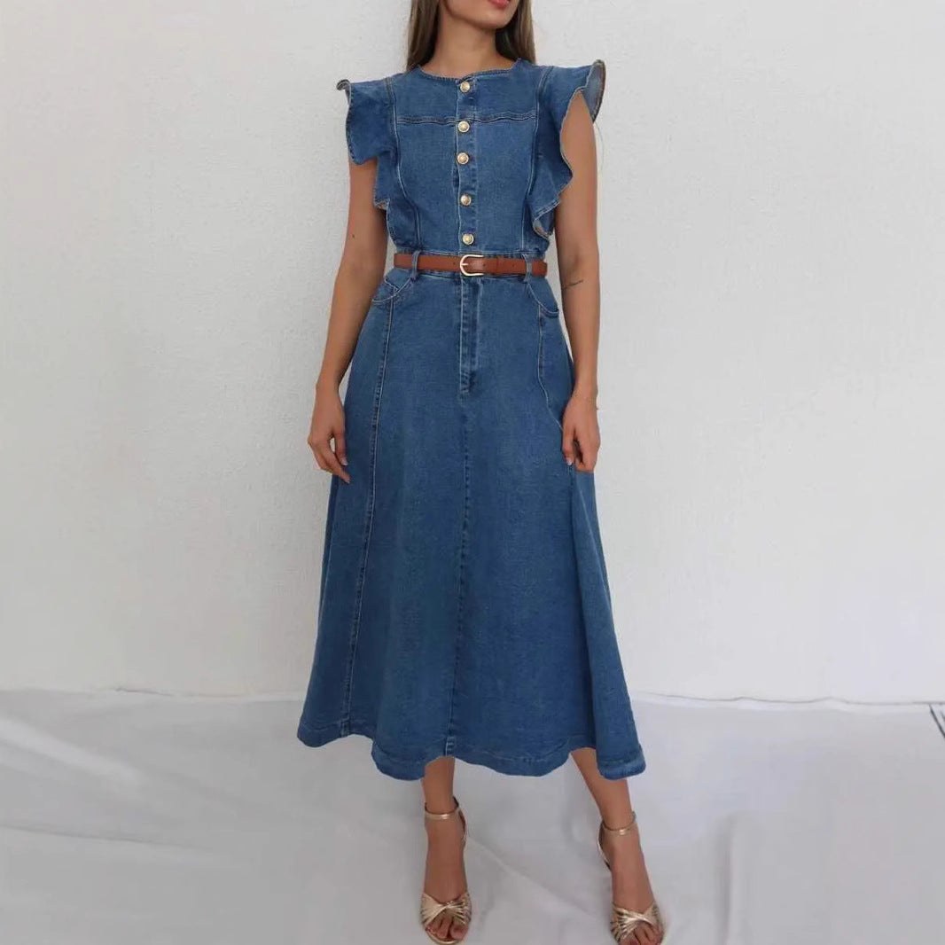 Women's Dress Waist Ruffle Sleeve Button Denim Dresses