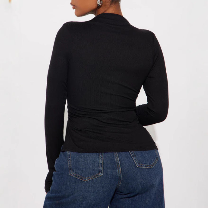 Irregular Split Long Sleeve Half Turtleneck Slim Fit Pullover Bottoming Women's T-shirt