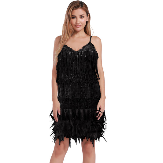 Women's Feather Sequins Dress Sexy Sequined Suspender Dresses