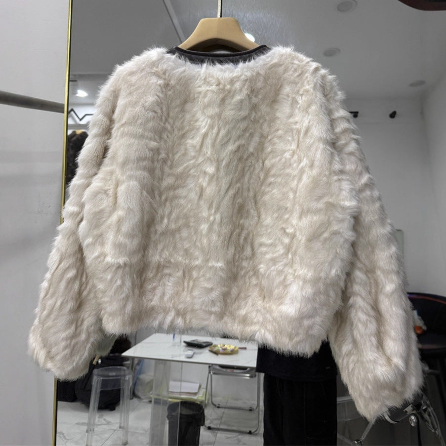 French Design Temperament Crew Neck Furry Imitation Coats