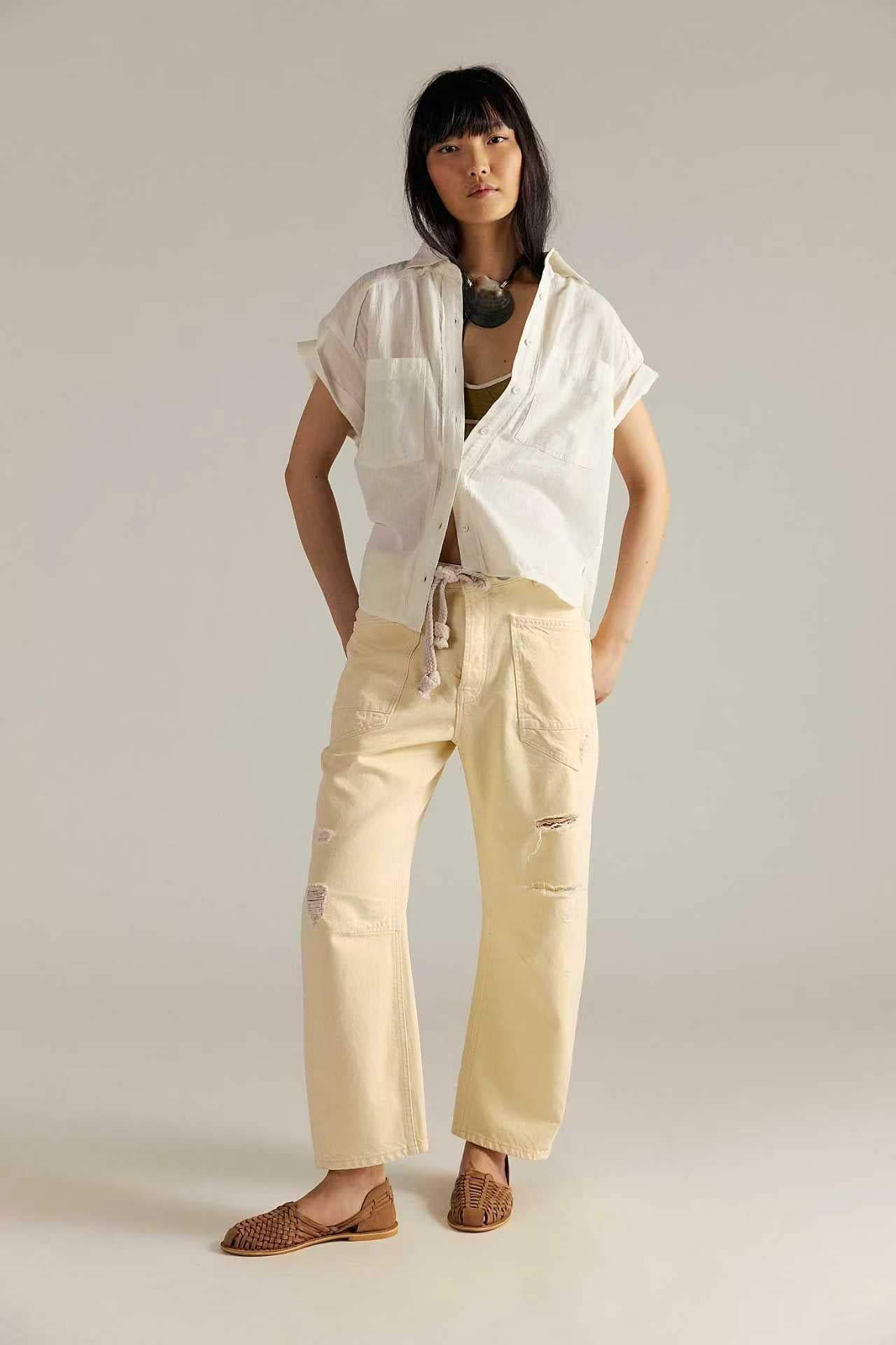 Retro Washed Stitching Patchwork Straight Drawstring Women's Jeans