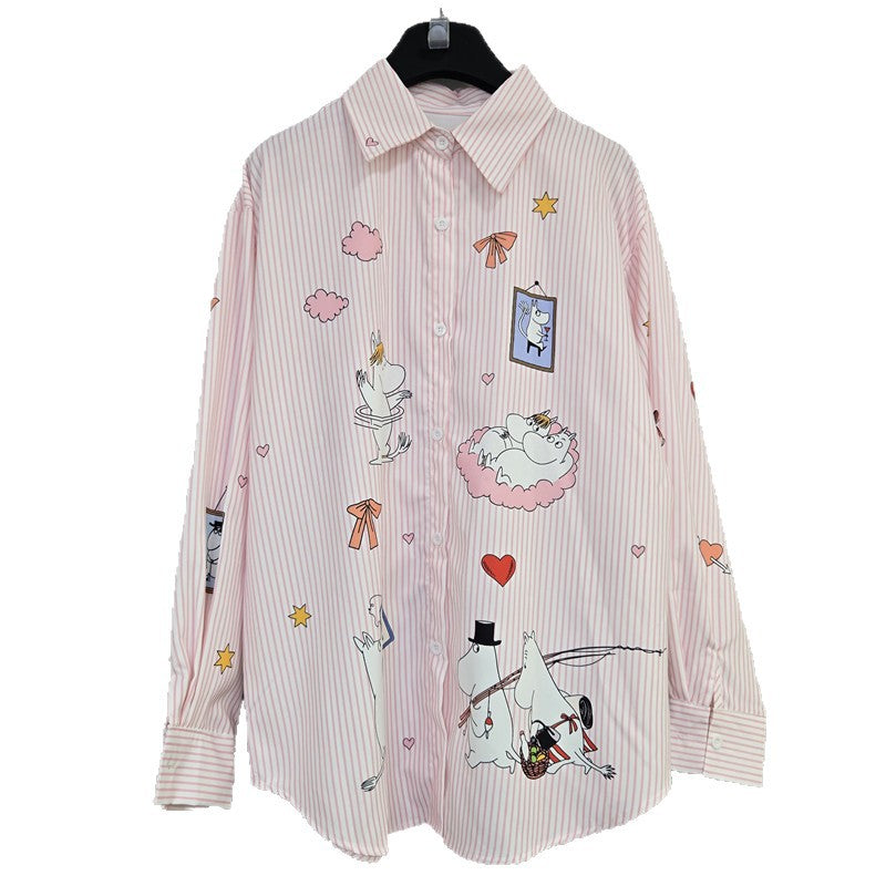 Women's Pink Cute Cartoon Printed Striped Design Shirt Autumn Blouses