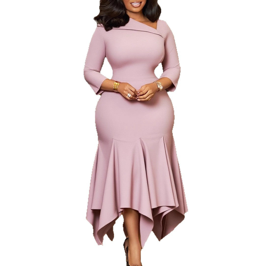 Women's Elegant Diagonal Collar Sleeve High Waist Dresses