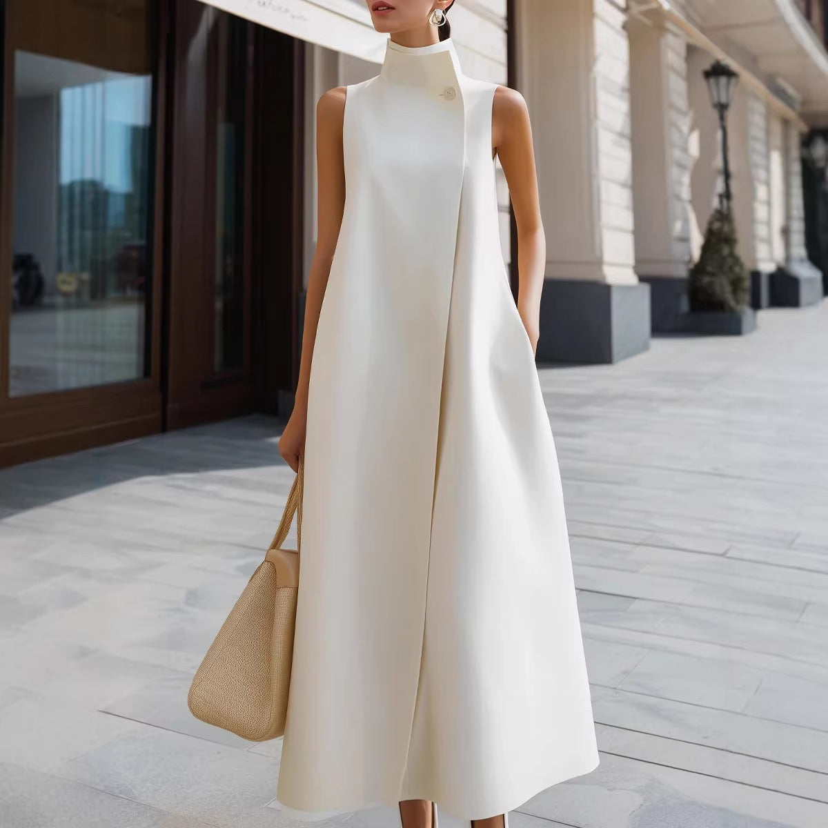 Elegant Commuter Stand Collar One Button Solid Color Sleeveless Dress