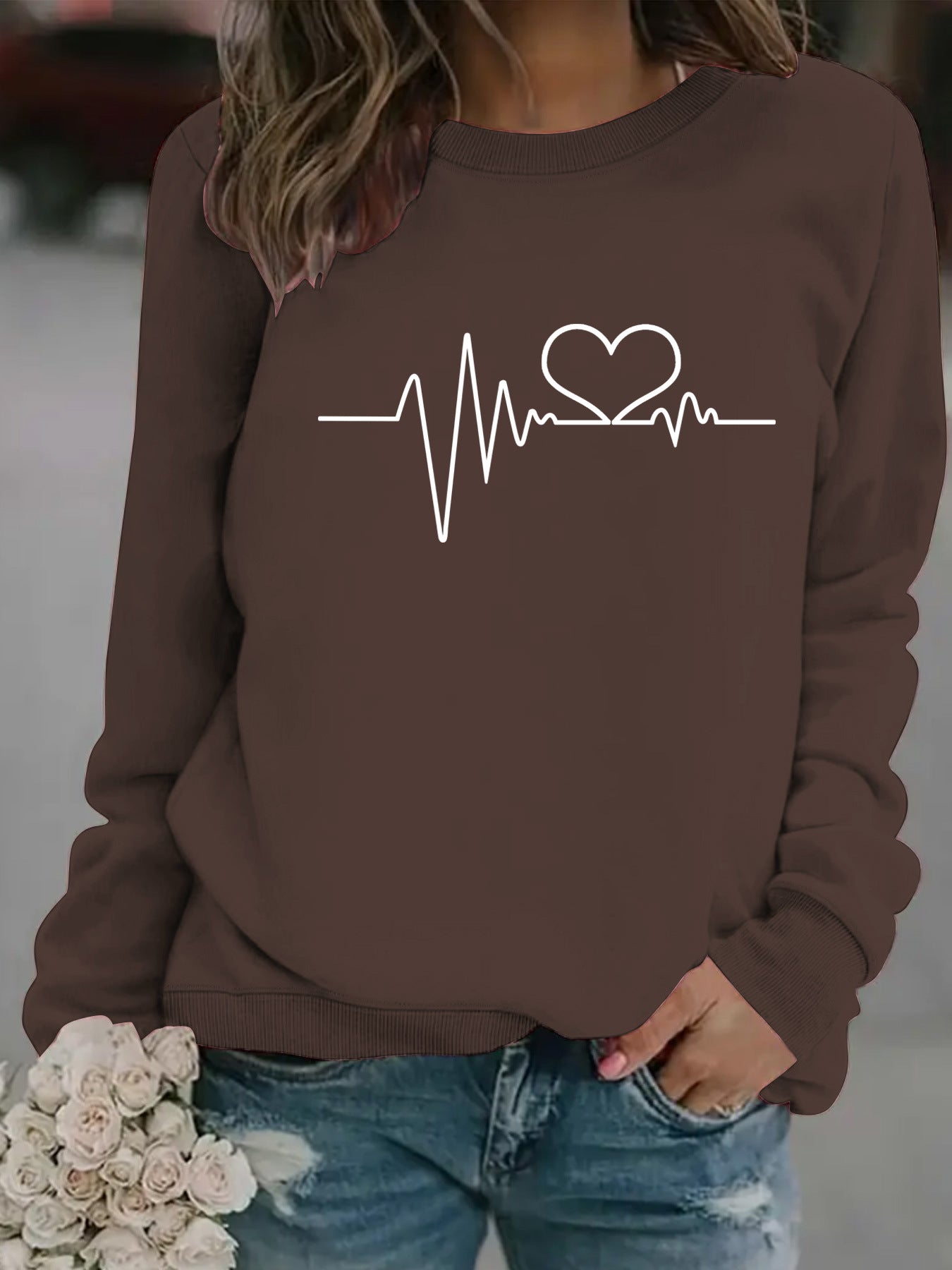 Women's Long-sleeved Round Neck Heartbeat Print Pullover Women's Sweater, Sweater