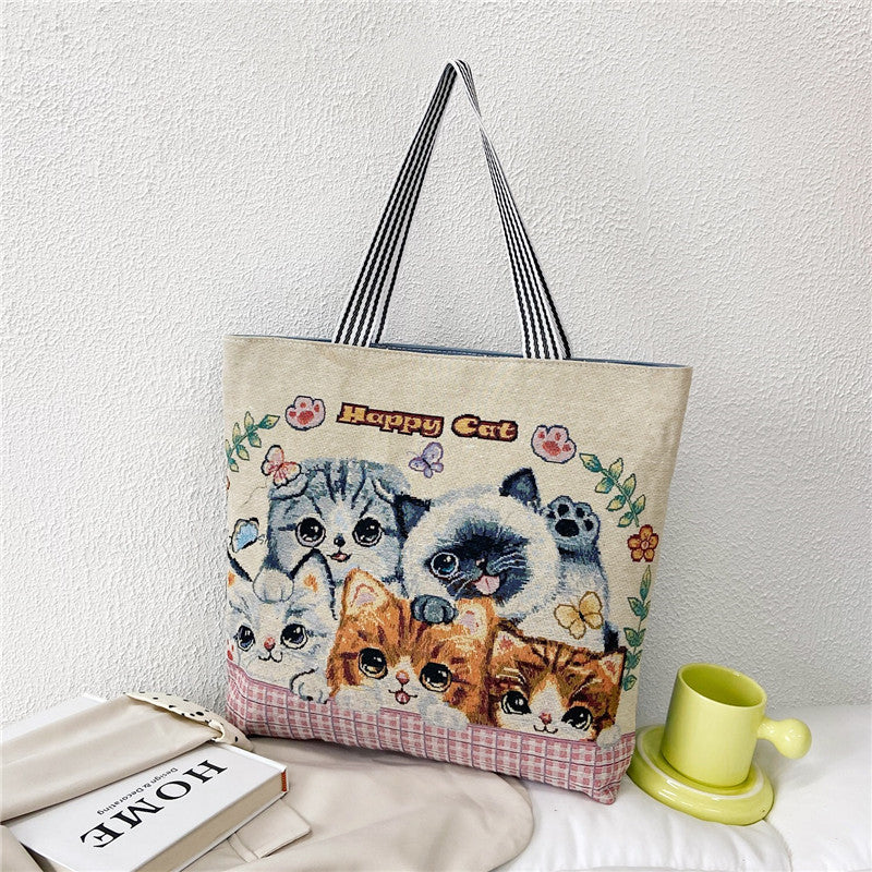 Fashionable Ethnic Style Shopping Cartoon Linen Shoulder Bags