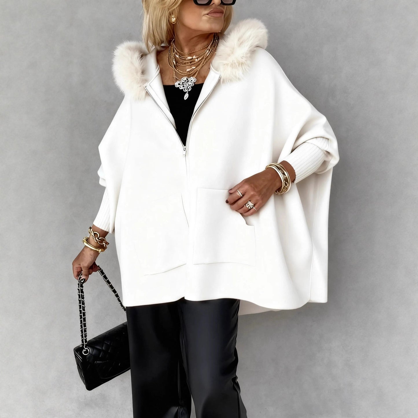 Fashion Loose Pockets Zipper Big Fur Coats
