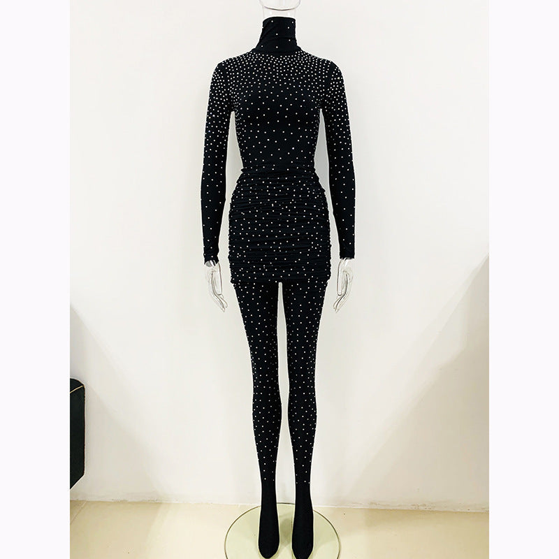 Rhinestone Stretch Turtleneck Bottoming Shirt Pleated Leggings