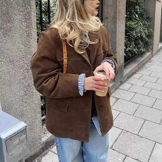 Women's Brown Long Sleeve Button For Loose Blazers