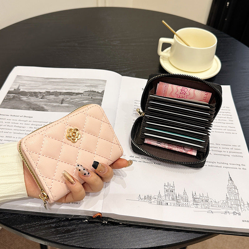 Camellia Rhombus Female Simple Zipper Driving License Card Holder