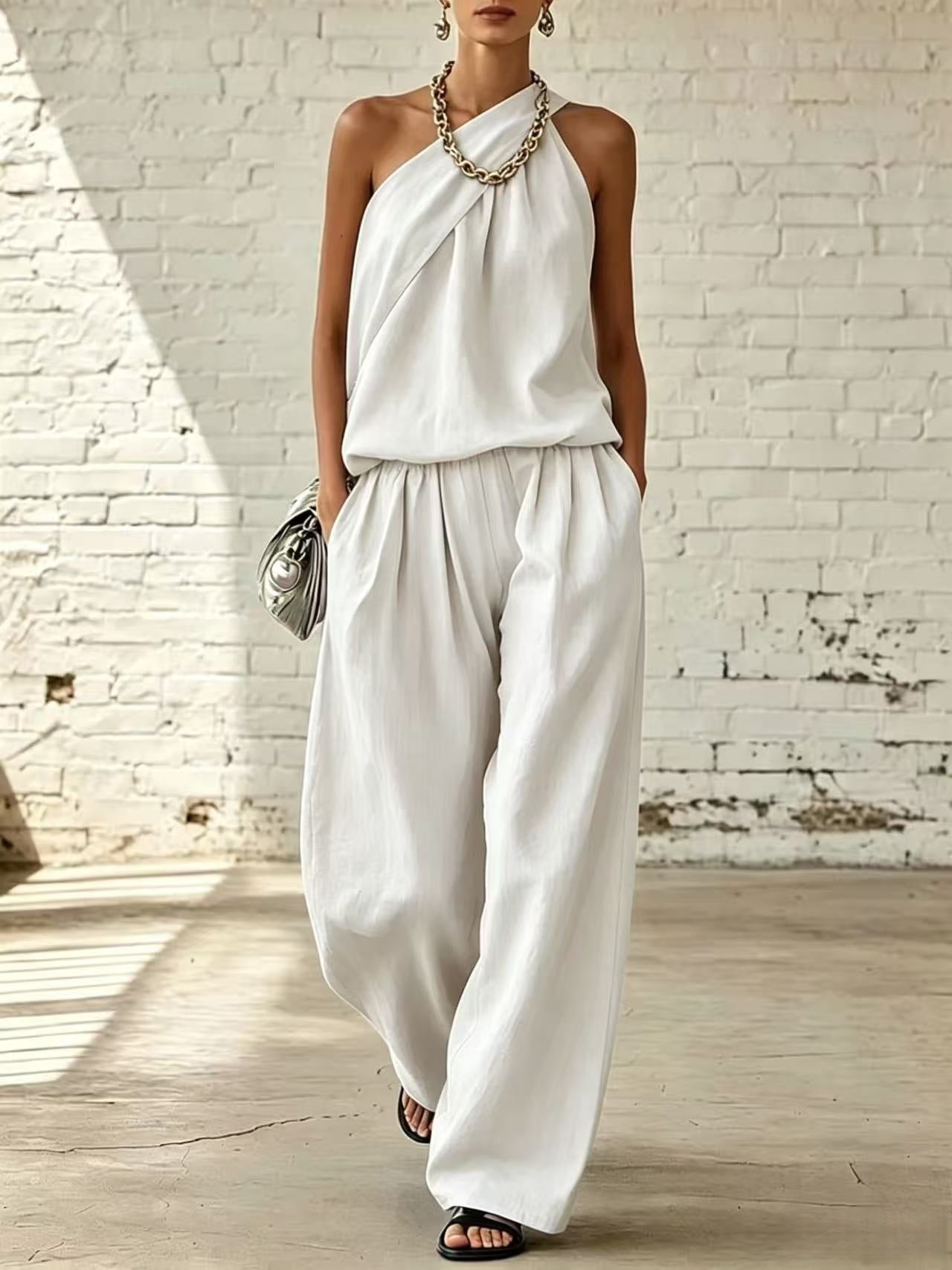 Linen Sleeveless Cold-shoulder Solid Color Wide Fashion Casual Suit
