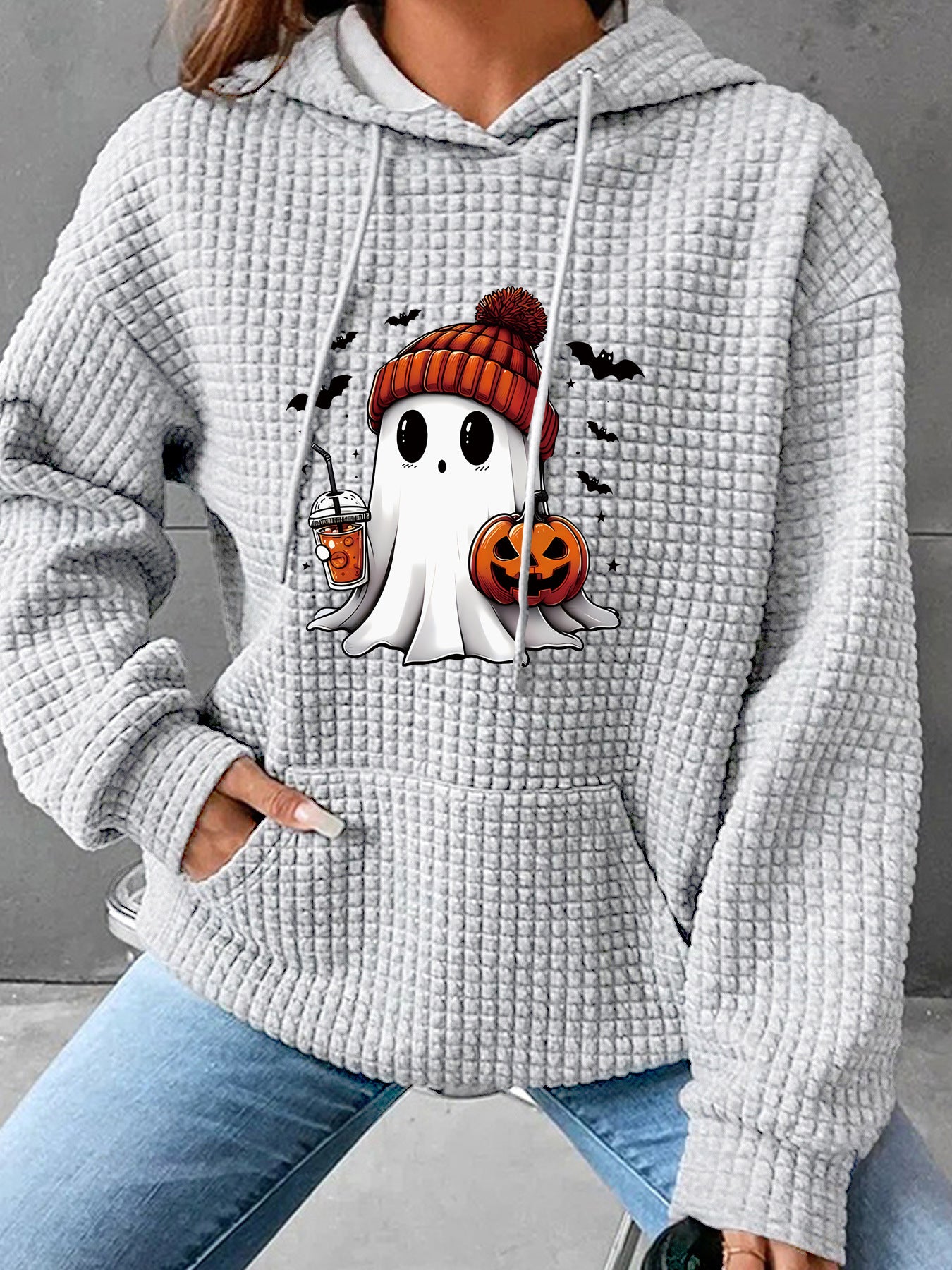 Women's Waffle Hooded Long-sleeved Halloween Printed Loose Sweaters