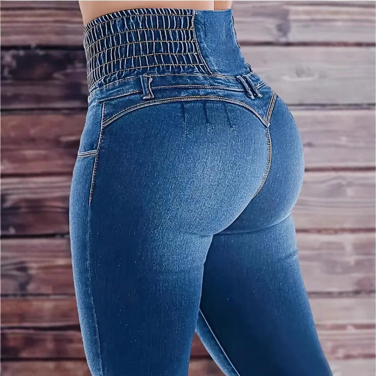 Women's High Waist Slimming Elastic Button Row Women's Jeans