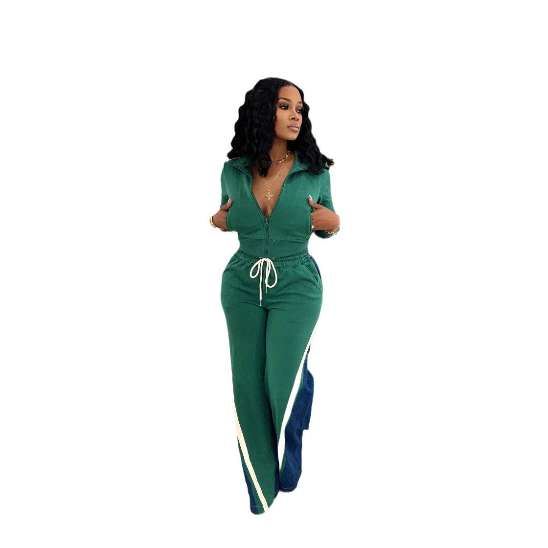 Women's Denim Thread Stitching Sport Two-piece Pocket Suits