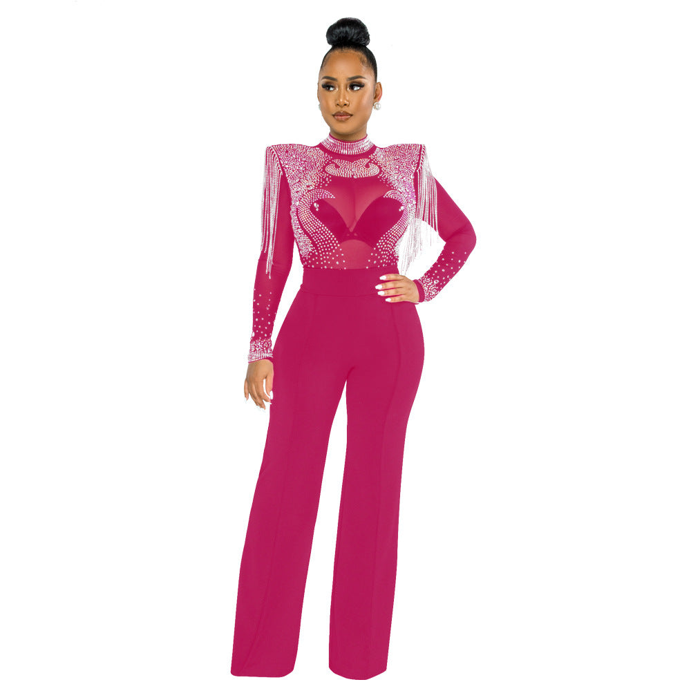 Rhinestone Tassel Shoulder Cotton Polyester Mesh Jumpsuits