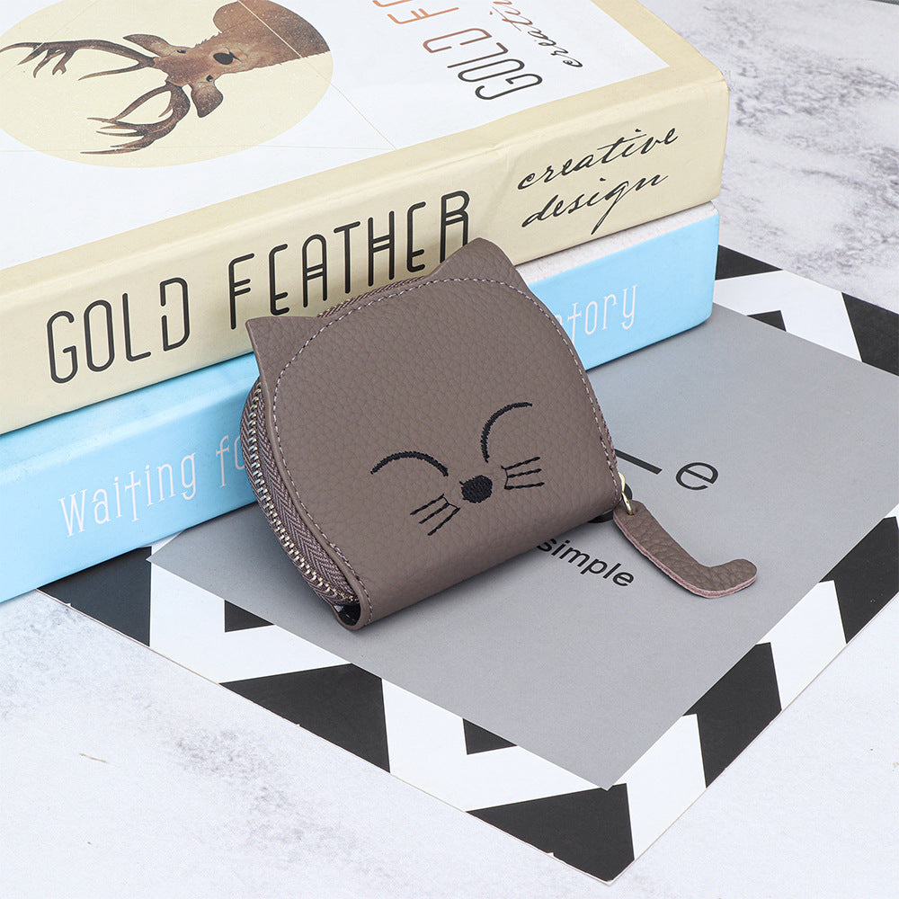 Women's Cartoon Cute Embroidery Cat Genuine Leather Bags