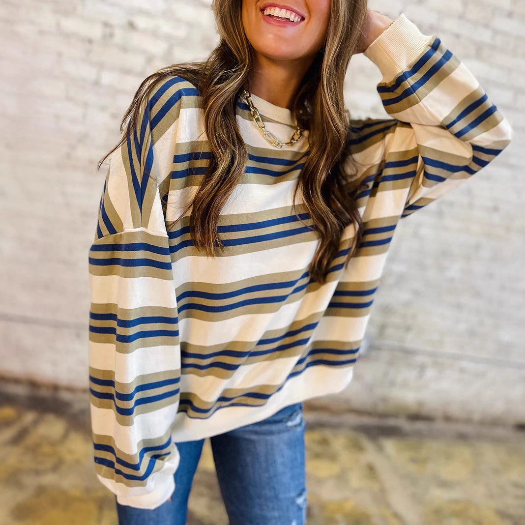 Women's Knitted Fashion Loose Slimming Contrast Color Round Women's Sweater, Sweater