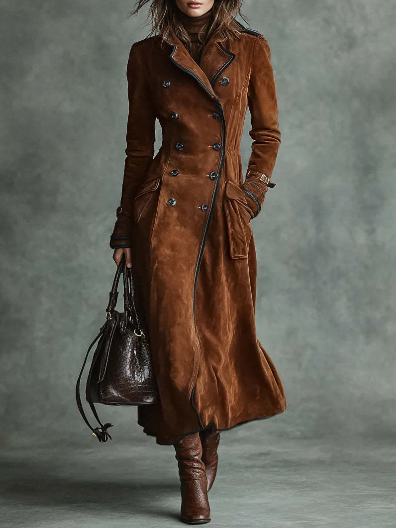 Women's Lapel Western Style Suede Long Trench Coats