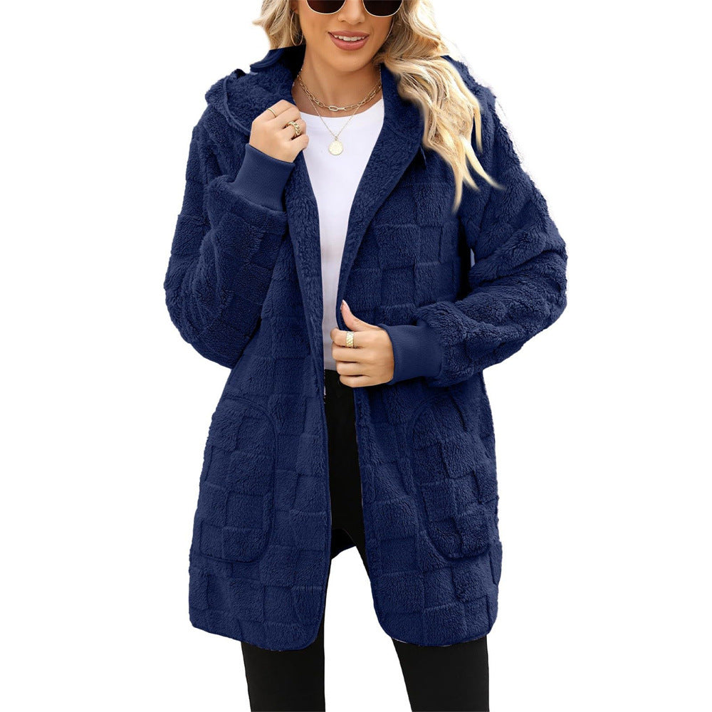 Women's Winter Plaid Jacquard Hooded Pocket Plush Women's Sweater, Sweater
